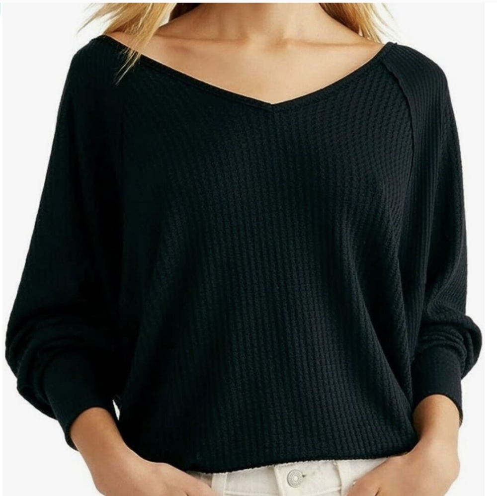 NWT Free People Black Santa Clara Thermal Oversized Boho V-Neck Top.